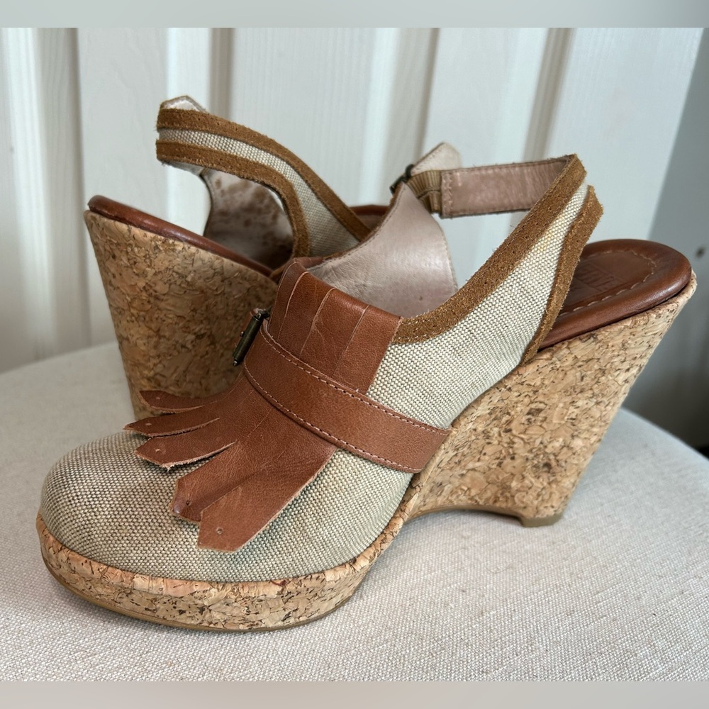 FRYE 'Pepper Kilte' Wedge Platform Sandal Cork Canvas Leather BOHO Mules Clogs 9